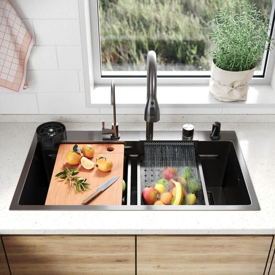 Sirhona - vier de Cuisine 1 Bac Acier inoxydable 304 avec bec cascade et robinet escamotable 80x45x23 cm