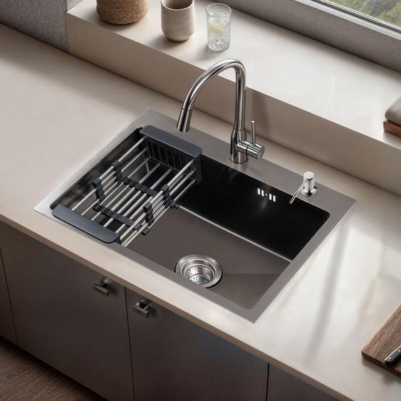 Vier de Cuisine 1 Bac en Acier Inoxydable 55x45 cm avec Distributeur de Savon et Panier Télescopique, Noir - Teeno