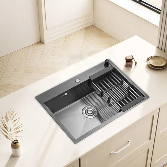 Teeno - vier de Cuisine en Acier Inoxydable68x45x19CM avec Distributeur de Savon et Panier Télescopique, Noir