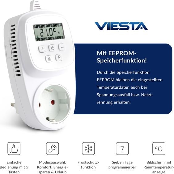 Thermostat programmable VIESTA® TH12 pour prise électrique, 7 jours, 230 V 16 A/3600 W, 5–35 °C (0,5 °C), température ambiante LCD, EEPROM, protection antigel