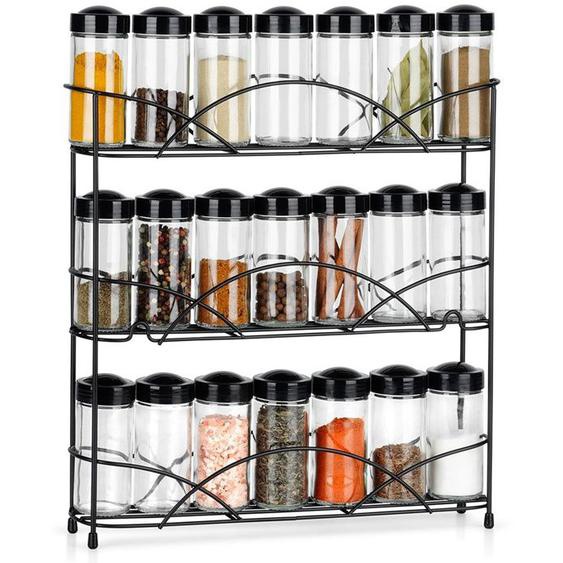 VILDE Etagère à épices Lot de 21 récipients en verre - Métal noir - 3 niveaux - crépines pour distribution facile