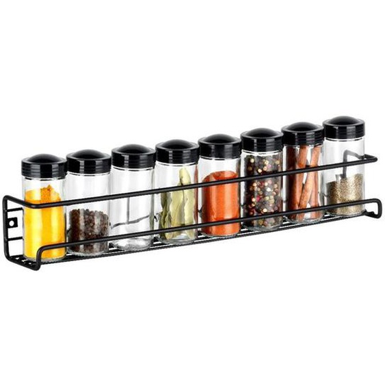 VILDE Etagère à épices Lot de 8 récipients en verre - Métal noir - style industriel - avec tamis et bouchons hermétiques.