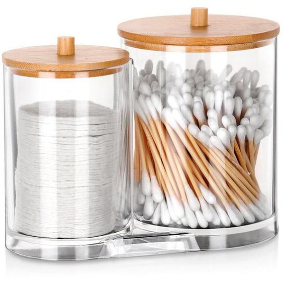 VILDE Kit de 2 Boîte à coton-tiges - Couvercles en bambou - Rangement pratique pour cotons-tiges et tampons cosmétiques