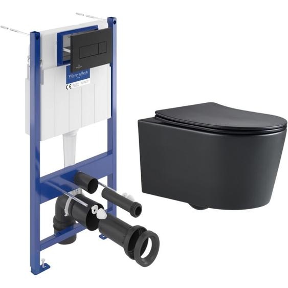 Villeroy&boch - Pack wc Bâti-support sol mur + wc sat sans bride + Abattant SoftClose + Plaque noire (VCNBLSAT4)