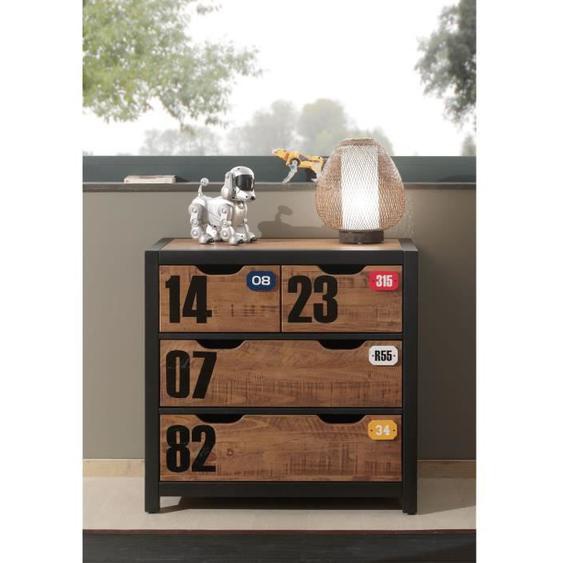 Commode - Vipack - Alex - Pin massif - Laqué noir - 4 tiroirs - Style industriel