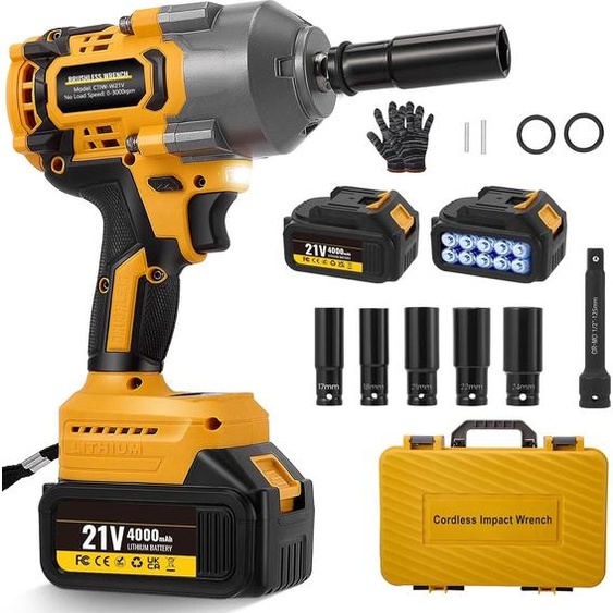 Visseuse à chocs professionnelle sans fil - 21 V - Couple de 1 200 Nm - 3 000 tr/min - 3 vitesses - Avec batterie - Carré de 1,27 cm - Braun