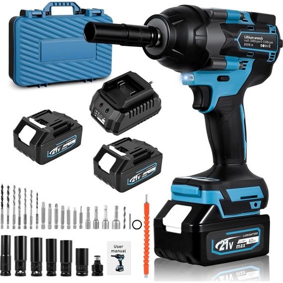 Visseuse à chocs sans fil sans balais - Outil électrique - Couple de 800 Nm - 4 vitesses - Batterie 4000 mAh incluse - Éclairage LED - Noir