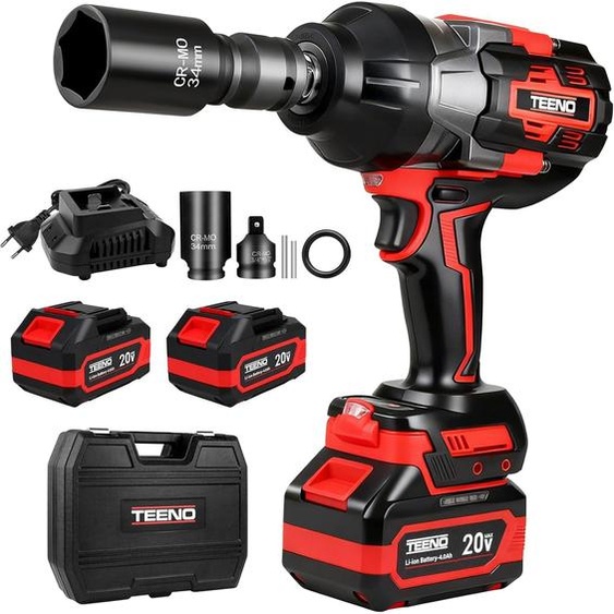 TEENO Clé à Chocs Sans Fil Brushless 3/4 - 1600N·m 3/4, 2x Batteries 4.0Ah + Coffret Rigide, Adaptateur 3/4-1/2, Douille 34mm, Camionnette