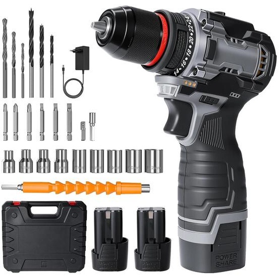 Visseuse-perceuse sans balais - 24+1 réglages de couple - Coffret daccessoires de 29 pièces - 2 vitesses, vitesse variable - Pour bois et métal - Avec batterie - Noir