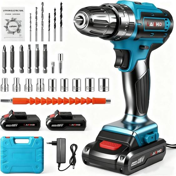 Visseuse sans fil Perceuse - Kit sans fil 21 V - Moteur sans balais - 2 vitesses 1350 tr/min - 32 niveaux de couple - 2 batteries - Kit 24 pièces - Bleu
