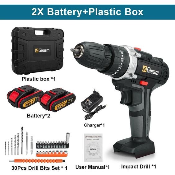 Visseuse sans fil - Visseuse-perceuse sans fil 88VF - 25+3 niveaux de couple - 2 batteries - Bricolage et bois - Mallette en plastique