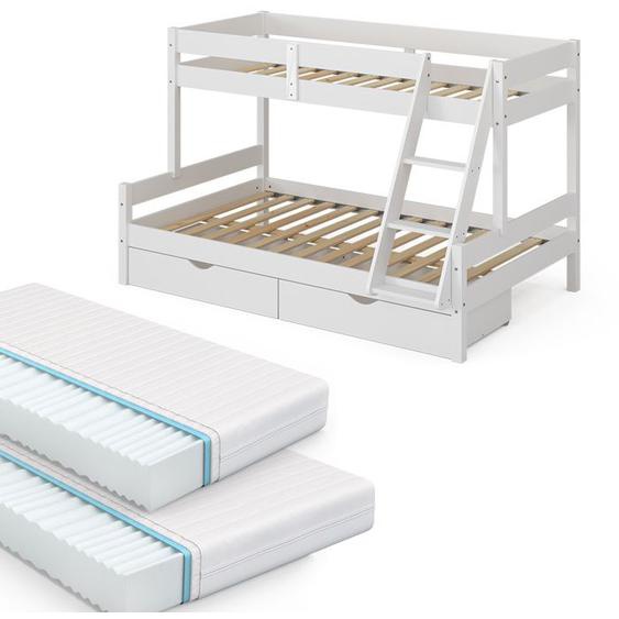Vitalispa lit superposé Everest, Blanc, 120x200 / 80x200 cm avec 2 matelas et 2 tiroirs