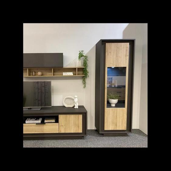 Vitrine 1 porte Chêne naturel/Pierre de lave - RIMINI - L 67 x l 40 x H 197 cm