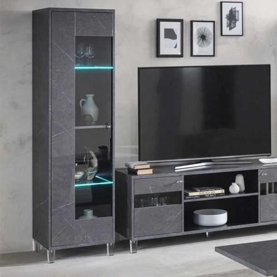 Vitrine 1 porte marbre gris brillant à LEDs - CARRARE - Verre / Bois - L 52 x l 47 x H 191 cm