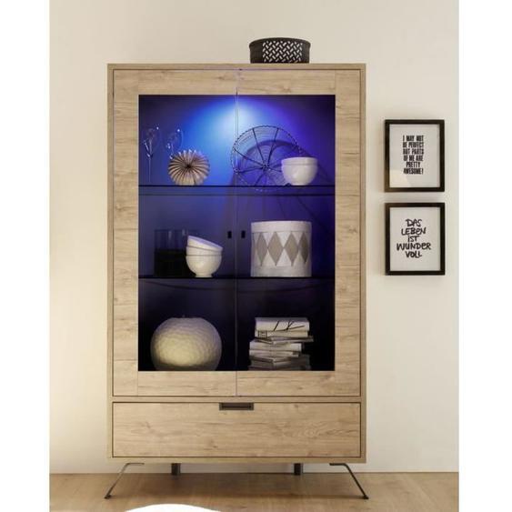 Vitrine 2 portes 1 tiroir Chêne clair - PALERME - L 106 x l 50 x H 177 cm