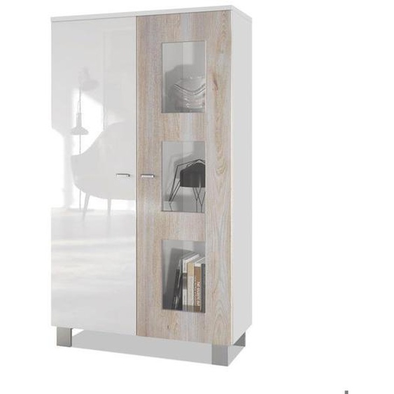 Vitrine 2 Portes + 3 Vitres Couleur Blanc et Chêne Meuble Moderne et Tendance Salon Chambre