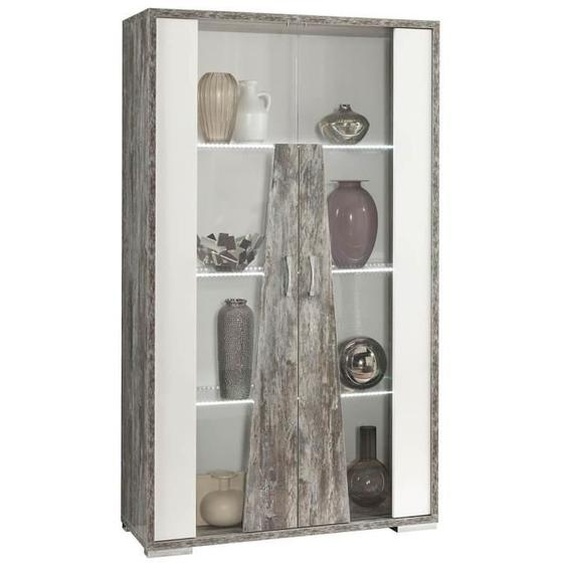 Vitrine 2 Portes - ALTOBUY - DENYS - Laqué Blanc - Effet Bois Taupe - Éclairage LED Inclus