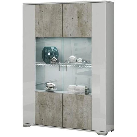 Vitrine 2 Portes - ALTOBUY - LYNDA - Laqué Blanc et Gris Béton - Eclairage LED - Design Contemporain