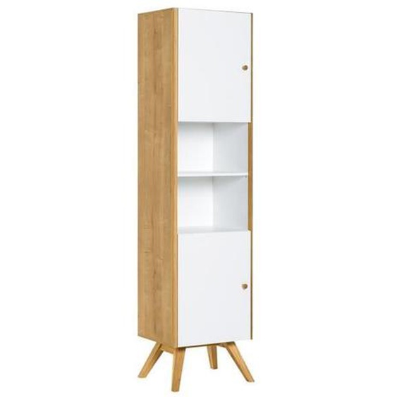 Vitrine 2 portes avec étagères - CALICOSY - Nature Blanc - Bois massif - LED