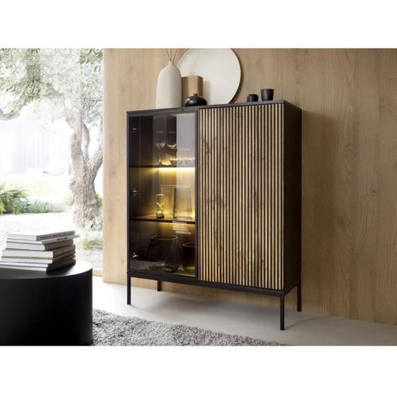 Vitrine 2 portes avec LEDs en MDF et verre fumé - Noir et Naturel - OVILA