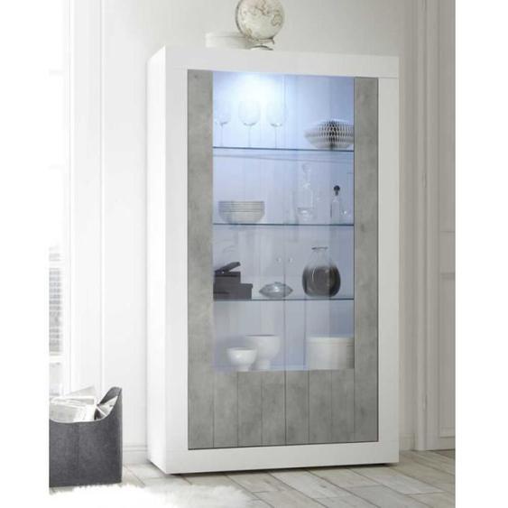 Vitrine 2 portes Blanc/Béton ciré clair à LEDs - LUBIO - L 110 x l 42 x H 191
