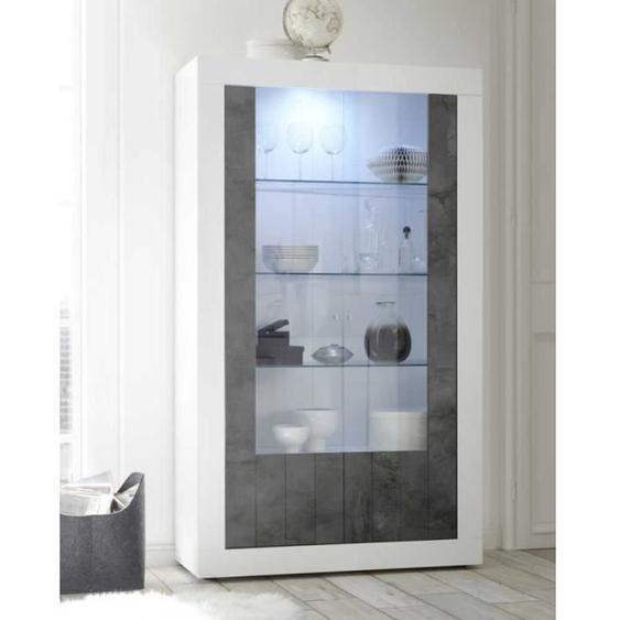 Vitrine 2 portes Blanc/Béton ciré foncé à LEDs - LUBIO - L 110 x l 42 x H 191