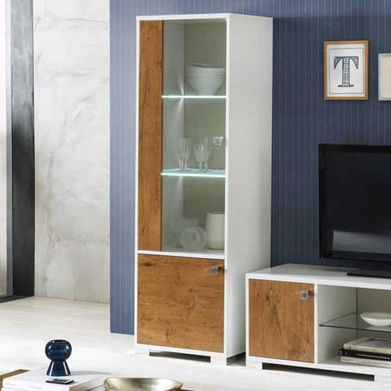 Vitrine 2 portes Laqué Blanc Brillant/Bois à LED - AVELLINO - Contemporain - Design - L 60 x l 50 x H 190 cm