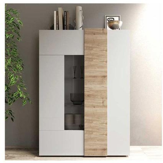 Vitrine 2 portes laqué Blanc brillant/Chêne naturel - BOLZANO - L 121 x l 44 x H 169