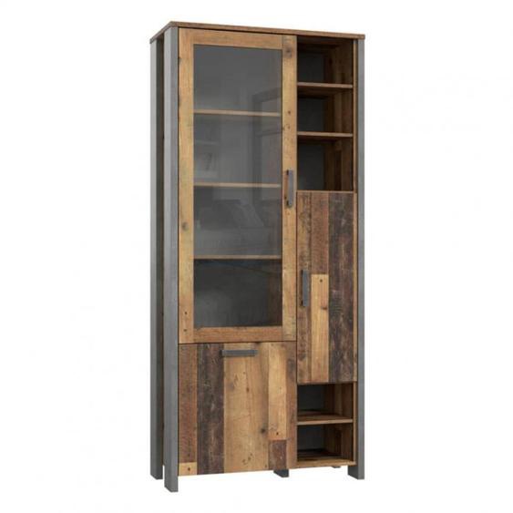 Vitrine 3 portes et 14 niches effet bois rustique et béton gris - BUCK - Vintage