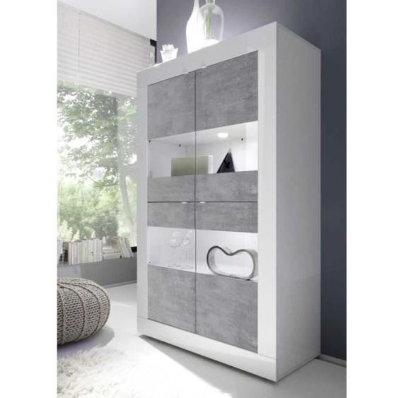 Vitrine 4 portes Blanc/Béton ciré clair à LEDS - MATERA - L 102 x l 43 x H 162