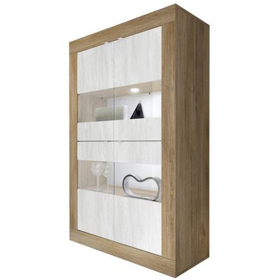 Vitrine 4 portes Chêne noisette/Blanc neige à LEDs - MATERA - L 102 x l 43 x H 162 cm