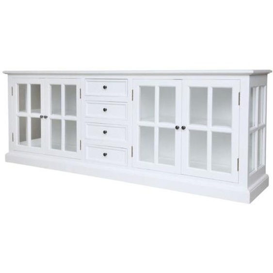 Vitrine 4 portes et 4 tiroirs en bois de peuplier blanc et verre 220 x 45 x 80 cm