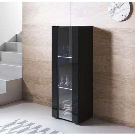 Vitrine Armoire 1 porte LED | 40 x 128 x 29cm | Noir Finition brillante | 3 compartiments | Rangement | LUKE V2