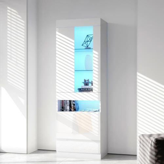 Vitrine armoire 50x40x180 cm avec 2 portes et étagères en verre de rangement, LED, MDF, brillant, blanc