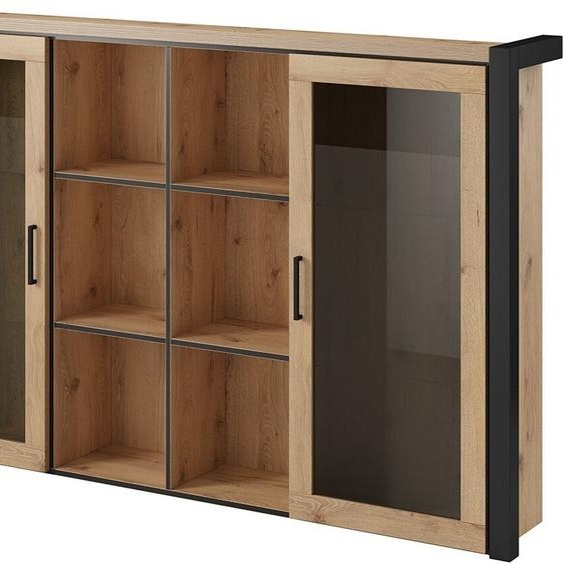 Vitrine avec éclairage LED collection TIVORA. 2 portes et 6 niches centrales. Couleur chêne et noir.