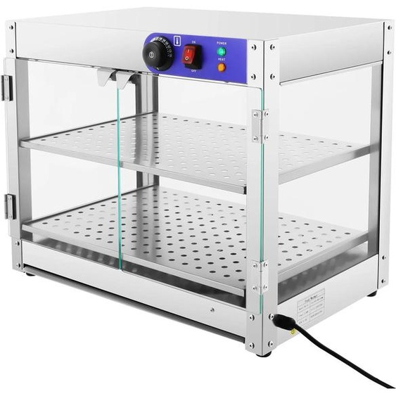 Vitrine de maintien au chaud des aliments - Modèle de table - 2 niveaux - 800W, 220V - 30-85°C - Acier inoxydable 201 & Verre trempé - Lumière chaude LED 25W - Argenté