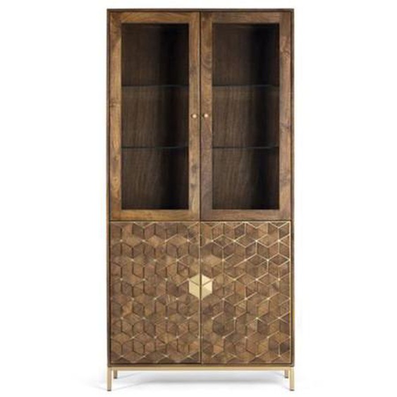 Vitrine en bois de manguier et métal coloris noyer, Or - longueur 98 x profondeur 40 x hauteur 200 cm