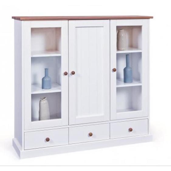 Vitrine en Pin massif PEGANE - Contemporain - Verni - Blanc / Sépia brun, 131 x 39 x 120 cm