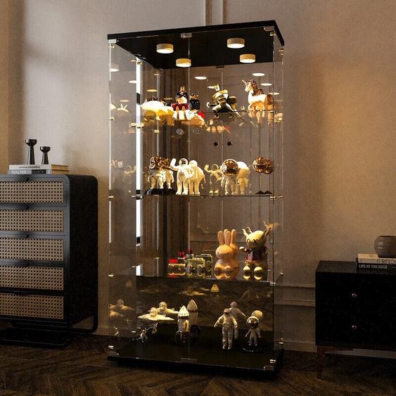 Vitrine en verre, 164x80x36cm, 4 niveaux, vitrine avec miroir, vitrine de collectionneur avec lumière LED, vitrine de rangement en verre noir pour la