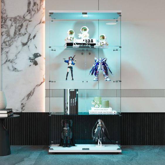Vitrine en Verre 4 étagères, Vitrine Salon pour Collection avec 7 Couleurs lumières LED et Porte double, 166×45×14cm, Blanc