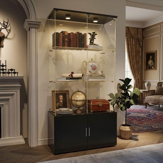 Vitrine en verre à 3 niveaux et portes coulissantes avec serrure de sécurité, vitrine pour collection, hauteur 164 cm, meuble de rangement à 2