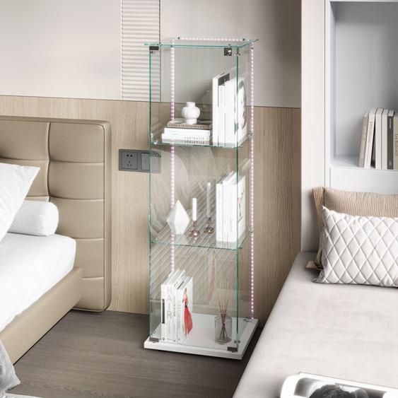 Vitrine en verre, avec 4 étagères, bande lumineuse LED intégrée, bibliothèque en verre sur pied, vitrine LED, 40x35x123 cm,Blanc