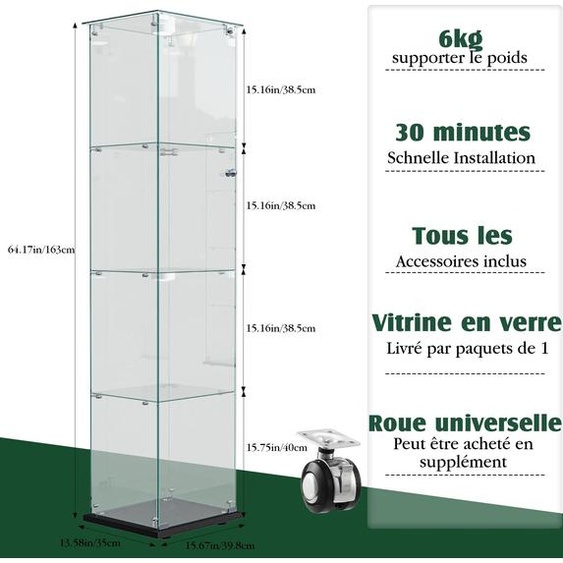 Vitrine en verre - Bandeau lumineux LED A1 - 2 portes - 4 étagères - Transparent - Blanc
