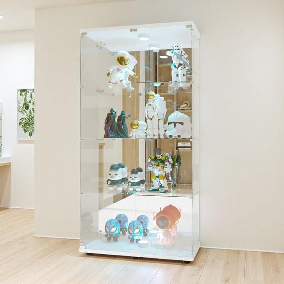 Vitrine en verre LED 4 étagères, 80x36x163cm, étagère en verre avec 2 portes, virtine sur pied - Blanc