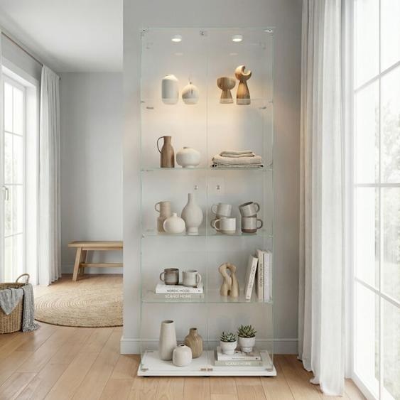 Vitrine en verre trempé 5 niveaux avec éclairage LED, 2 portes, armoire dexposition moderne & minimaliste, protection anti-poussière, pour salon,