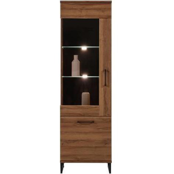 Vitrine gauche 2 portes Chêne foncé à LEDs - VARSOVIE - Bois - Bois / Métal - L 58 x l 40 x H 194 cm - Vitrine