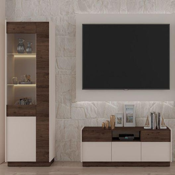 Vitrine haute à 2 portes - KOBBE - 60 cm - beige / noyer okapi