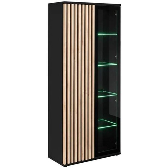 Vitrine haute - DEAN - 2 portes - Éclairage LED intégré - Noir et chêne - Design contemporain