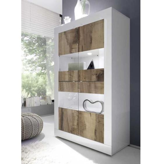 Vitrine moderne en bois à LEDs 4 portes Blanc laqué brillant/Bois fumé - MILAN - Bois - Verre / Bois - L 102 x l 43 x H 162 cm - Vi