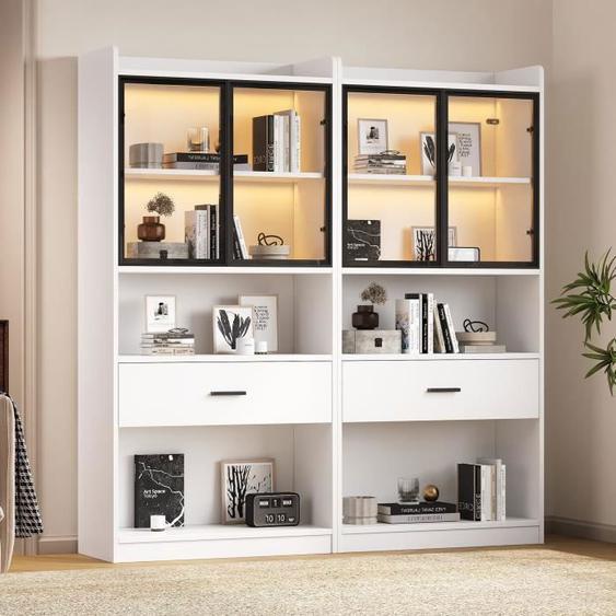 Lot de 2 Vitrines Moderne 35×80×153cm - OKWISH - Lumière LED - étagères de Rangement - 1 Tiroir, 2 Portes en Verre - Blanc